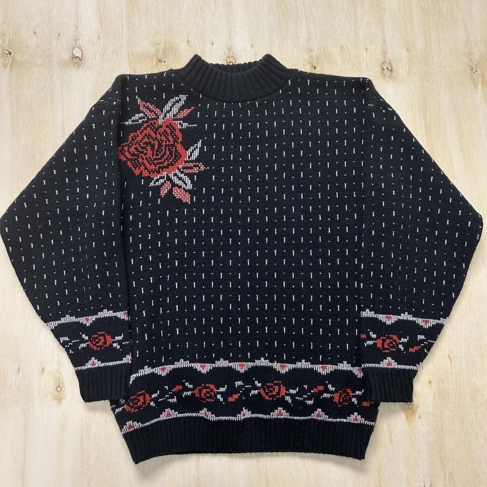 Vintage Adele Knitwear Sweater Womens Medium Black Mock Neck Rose Knit Pullover